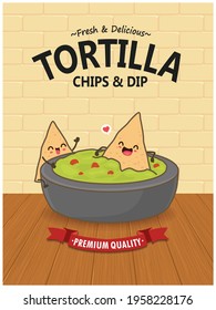 Vintage food poster design with vector tortilla chips and dip characters.