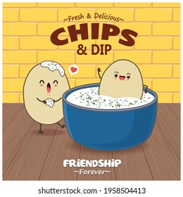 Vintage food poster design with vector chips and dip characters.