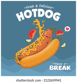 Vintage food poster design with vector sausage, bun character.