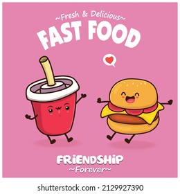 Vintage food poster design with vector drink, burger characters.