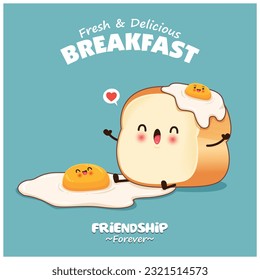 Vintage food poster design with vector egg and toast characters.