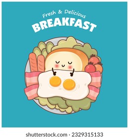 Vintage food poster design with vector egg, bacon, sausage and toast characters.