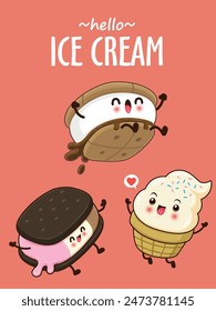 Vintage food poster design with vector ice cream character.