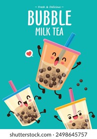 Vintage food poster design with vector bubble milk tea character.