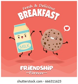 Vintage food poster design with vector milk & cookies character.