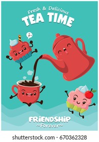 Vintage food poster design with vector coffee & cupcake character.