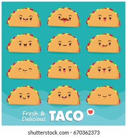 Vintage food poster design with vector taco character.