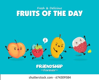 Vintage food poster design with vector peach, cherry, mango, lychee character.