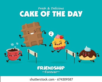 Vintage food poster design with vector coffee, cupcake, cookies character.