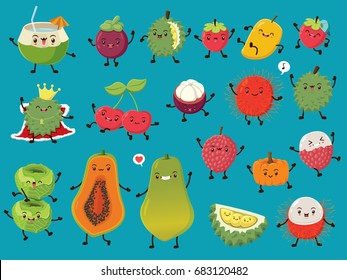 Vintage food poster design with vector coconut, mangosteen, durian, strawberry, mango, cherry, rambutan, cabbage, papaya, lychee, pumpkin character.