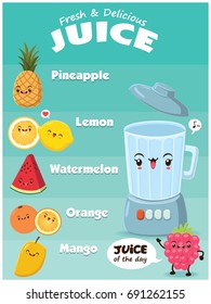 Vintage food poster design with vector pineapple, lemon, berry, watermelon, orange, mango & blender character.