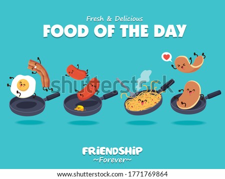Vintage food poster design with vector egg, bacon, hot dog, pancakes character.