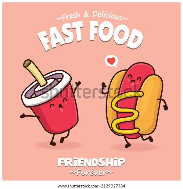 Vintage food poster design with vector drink,\
hot dog characters.
