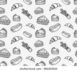 Vintage food seamless pattern with sandwich, hot dog, pretzel, cake and croissant