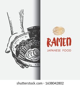 Vintage food sketch, Hand drawn Japanese ramen menu, Vector