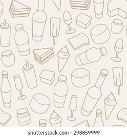 Vintage food thin line icon seamless pattern. Beer, wine bottle, cheese, ice-cream, toast, egg and cake icons.