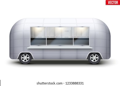 Vintage Food Truck. Fast Food Retro Van With Window. Yellow And Blue Color. Editable Vector Illustration Isolated On White Background.