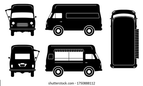 Vintage Food Truck Silhouette On White Background. Vehicle Icons Set View From Side, Front, Back, And Top