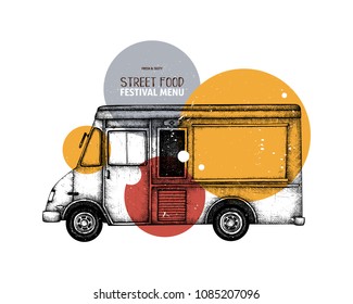 Dibujo de coche de comida de época. Plantilla vectorial para logotipo, icono, etiqueta, embalaje, afiche. Diseño del menú del festival de comida rápida.  