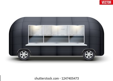 Vintage Food Truck Vintage Food Truck Trailer. Fast Food Retro Van With Window. Black Color. Editable Vector Illustration Isolated On White Background.