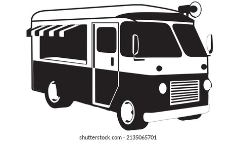 Vintage Food Truck Vintage Food Truck Trailer. Fast food retro van with window. Black color. Editable Vector illustration Isolated on white background.