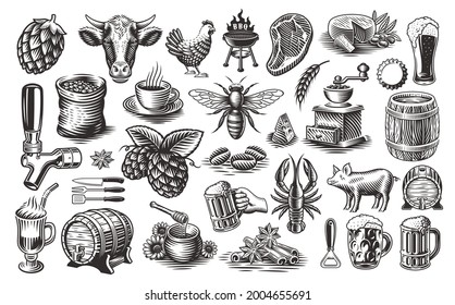 Vintage Food Vector Clipart, a set of black and white illustrations for such themes as brewery, cheese dairy, honey, bbq, coffee, and much more