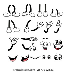 Vintage foot, hand and face. Vector set Comic groovy hands in gloves, Retro legs and foot in shoes and funny emotion black and white. Different poses arm and feet. Body parts mascot. 