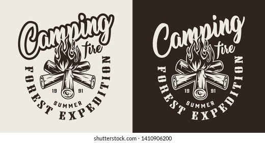 Vintage forest camping badge with campfire on dark and light backgrounds isolated vector illustration