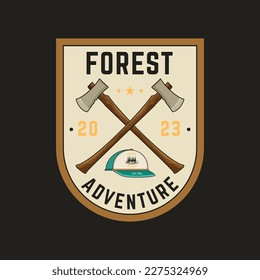 Vintage forest camping logo badge featuring wilderness-themed design including retro axes. Stock vector travel label