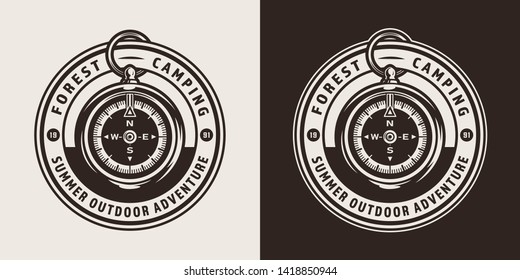 Vintage forest camping round badge with navigational compass in monochrome style isolated vector illustration