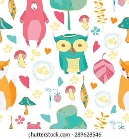 Vintage forest seamless pattern with forest animals,with mushrooms , leaves , trees, and  berries. seamless pattern vector background 3