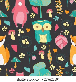 Vintage forest seamless pattern with forest animals,with mushrooms , leaves , trees, and  berries. seamless pattern vector background 4