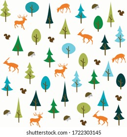 Vintage forest seamless pattern with floral, deer, squirrel and hedgehog