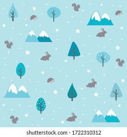 Vintage forest seamless pattern with floral, rabbit, squirrel and hedgehog. Winter cold pattern.