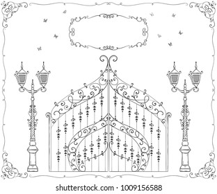 Vintage forged gate, lantern and frame with floral ornament. Isolated objects. Hand drawn vector illustration