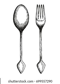 Vintage fork and spoon vector. Cutlery hand drawing