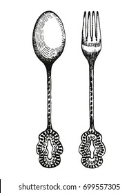 Vintage fork and spoon vector. Cutlery hand drawing illustration
