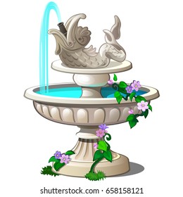 Vintage fountain with climbing plants isolated on white background. Decor element for landscape design of square or park. Vector cartoon close-up illustration.