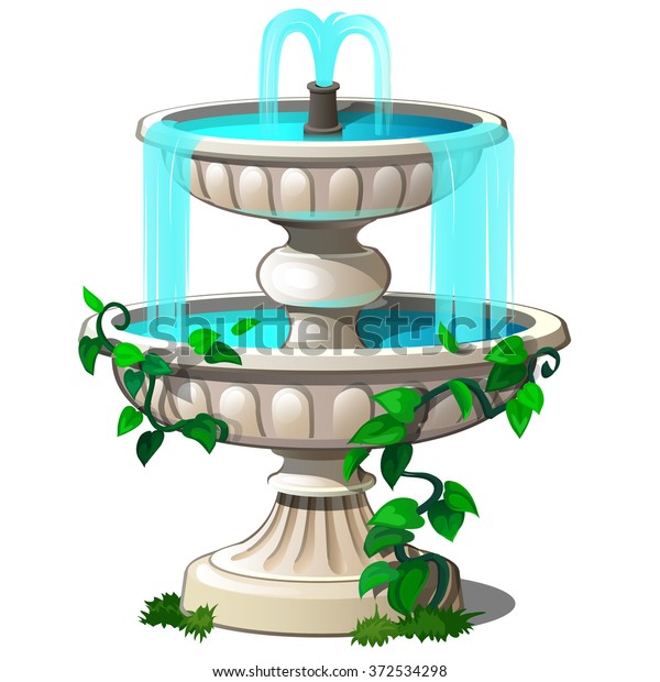 老式喷泉与爬山植物隔离在白色背景 卡通矢量特写插图 库存矢量图 免版税