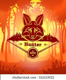 Vintage fox labels. Retro vector design graphic element,  for your design or poster. Wood background. Hunter woods background.