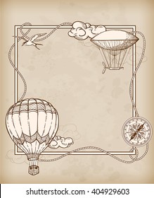 Vintage frame with air balloons flying in the sky. Hand drawn vector illustration.