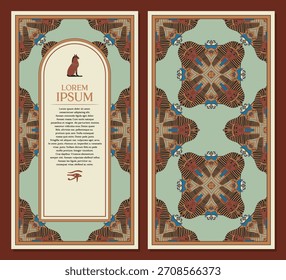 Vintage frame with ancient Egypt pattern with pharaoh icons for invitation or flyer decoration