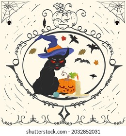 Vintage frame, Angry Cat and candle, Halloween holiday design flat illustration