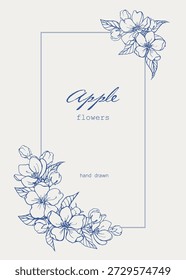 Vintage frame apple flowers, buds, leaves. Delicate Vector floral background, blue beige. Illustration for design greeting card, wedding decor, invitation, gift, holiday. Hand drawn line art elements