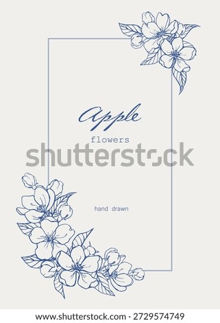 Vintage frame apple flowers, buds, leaves. Delicate Vector floral background, blue beige. Illustration for design greeting card, wedding decor, invitation, gift, holiday. Hand drawn line art elements