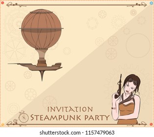 Vintage frame background, airship, girl menu, steampunk anime on paper canvas