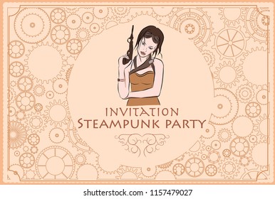 Vintage frame background, girl menu, steampunk anime on paper canvas