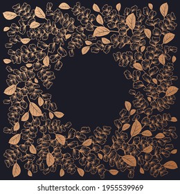 Vintage frame of beautiful plants. Tree branches, foliage and leaves. Vector illustration. Black and gold foil. Luxury decor for fashion design, invitations, wedding decoration theme.