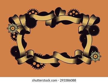 Vintage frame beautifully curled ribbons and decorated in the style of gears Steam Punk