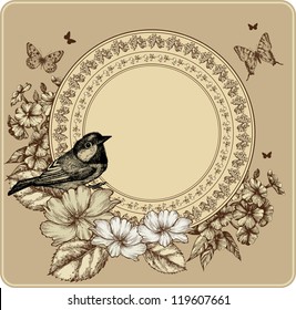 Vintage frame with bird and blooming roses, phlox. Vector illustration.